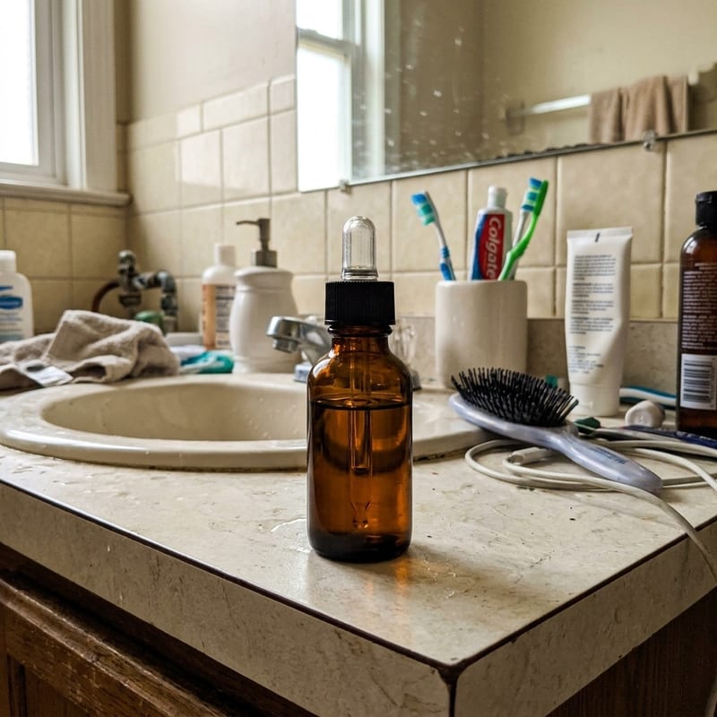 A phone photo of a dropper bottle on a cluttered bathroom counter