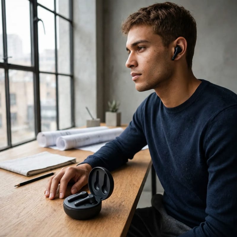 A man putting in a wireless earbud