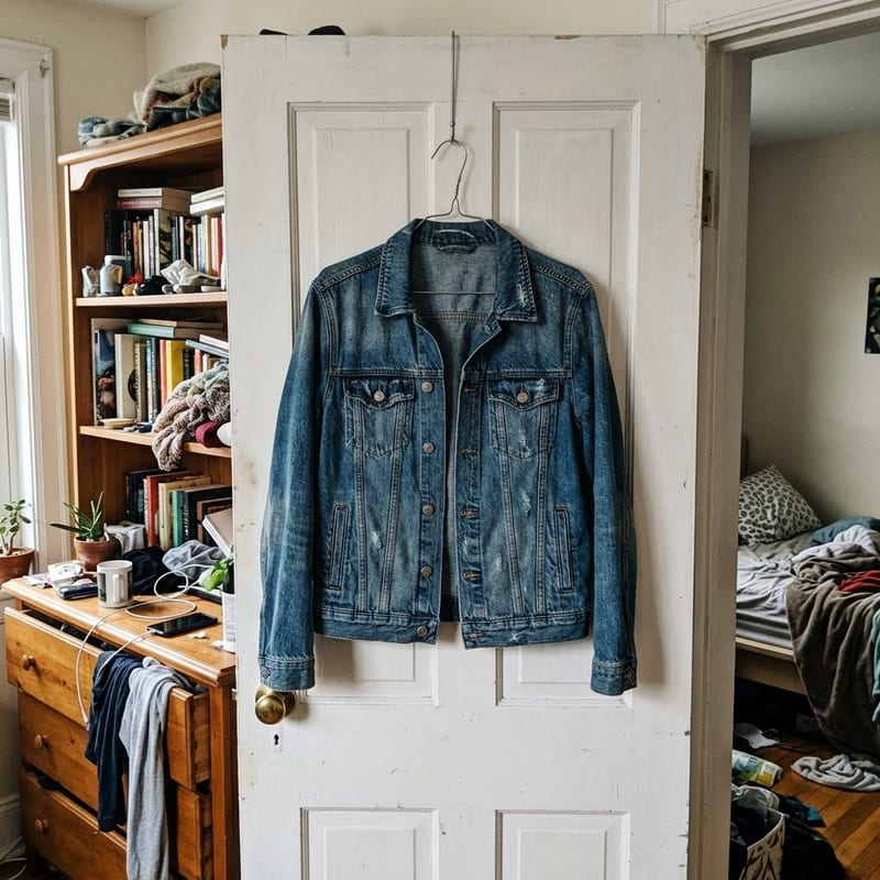 A phone photo of a denim jacket hanging on a door